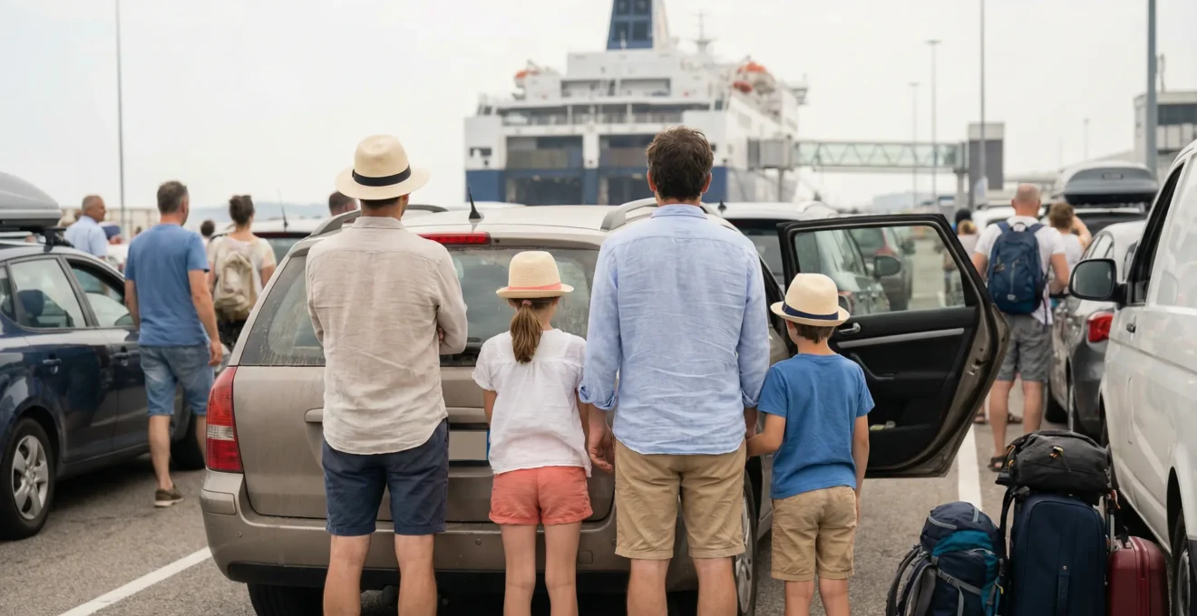 Famille européenne préparant l'embarquement véhicule sur un ferry Méditerranée