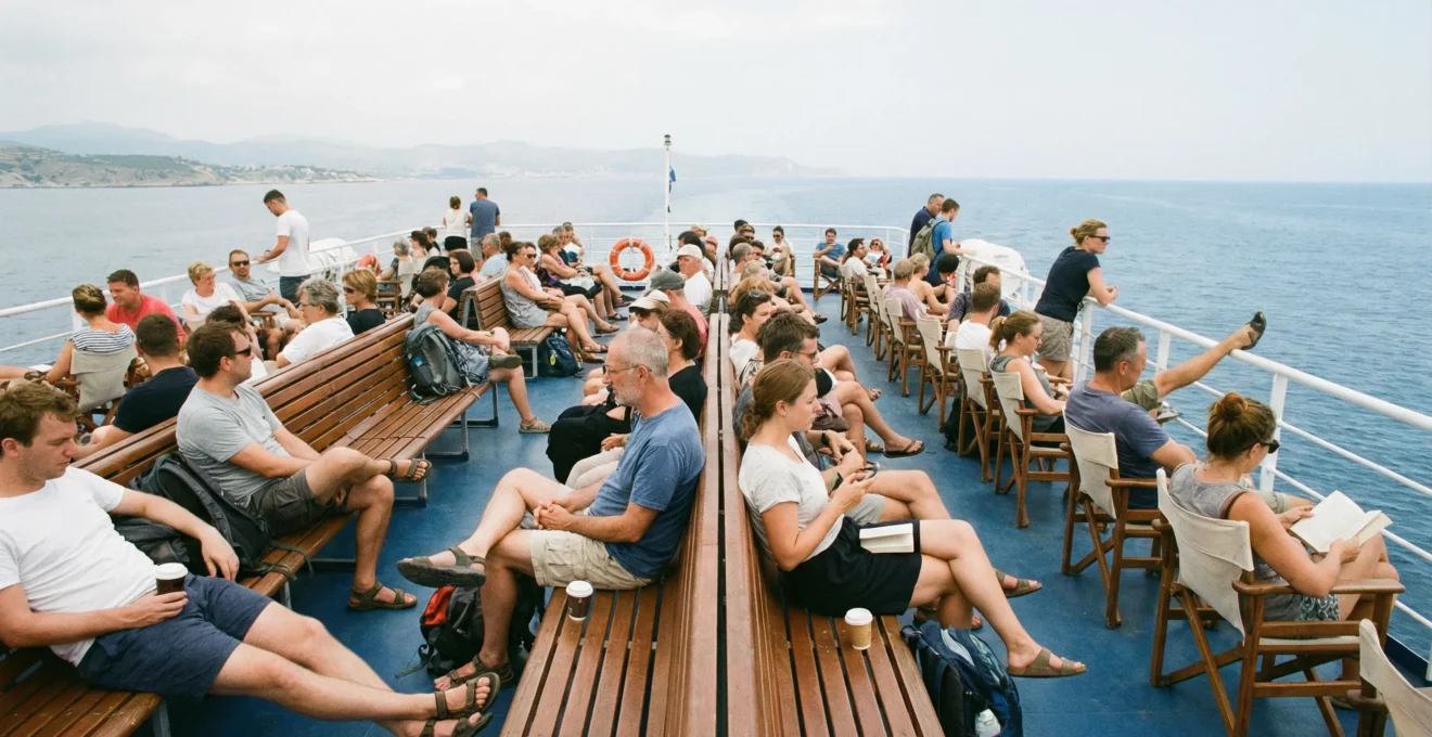 Passagers sur le pont extérieur d'un ferry profitant de la vue Méditerranée