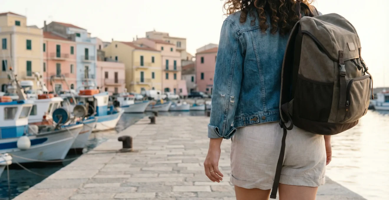 Voyageur avec sac à dos dans un port pittoresque de Sardaigne