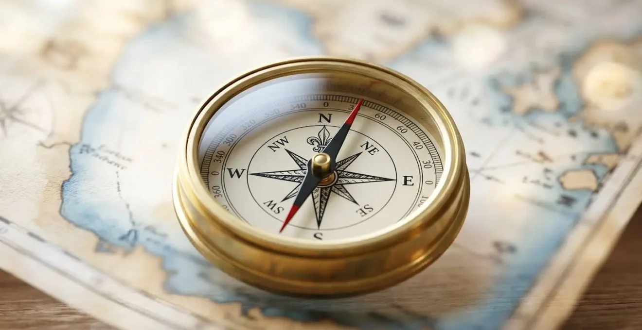 Gros plan artistique sur une boussole posée sur une carte de navigation méditerranéenne floue avec effet bokeh