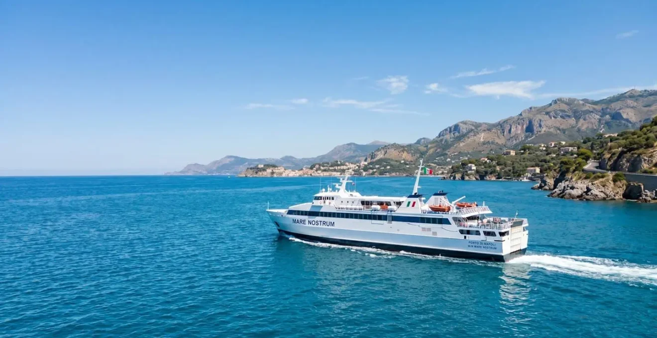 Un ferry blanc naviguant sur une mer Méditerranée calme et turquoise sous un ciel lumineux avec une côte visible au loin