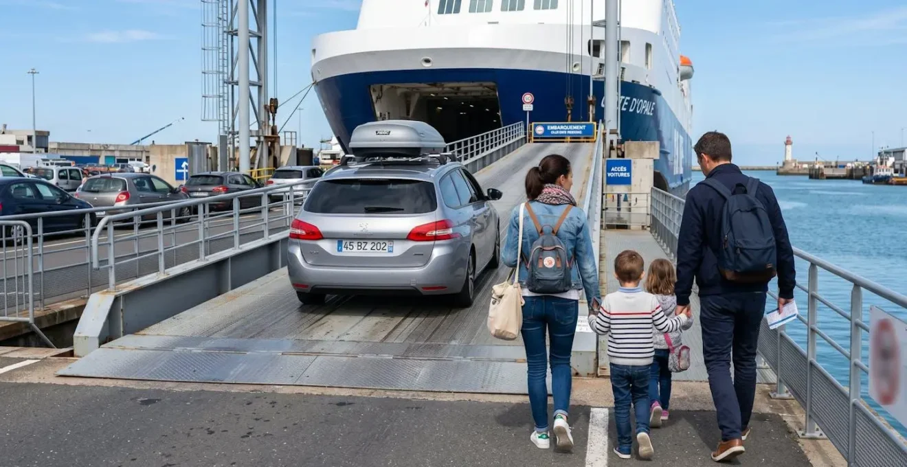 Vue de dos de passagers marchant vers la rampe d'embarquement d'un ferry moderne avec des voitures garées en file d'attente