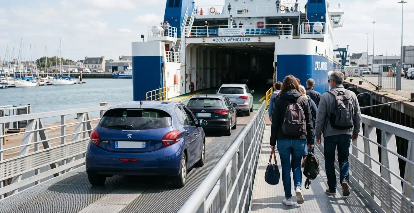 Vue de dos de passagers marchant vers la rampe d'embarquement d'un ferry moderne avec des voitures garées en file d'attente