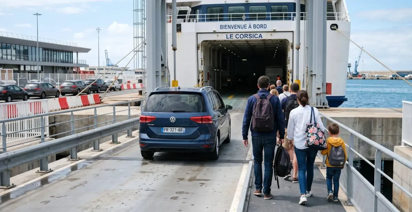 Vue de dos de passagers marchant vers la rampe d'embarquement d'un ferry moderne avec des voitures garées en file d'attente