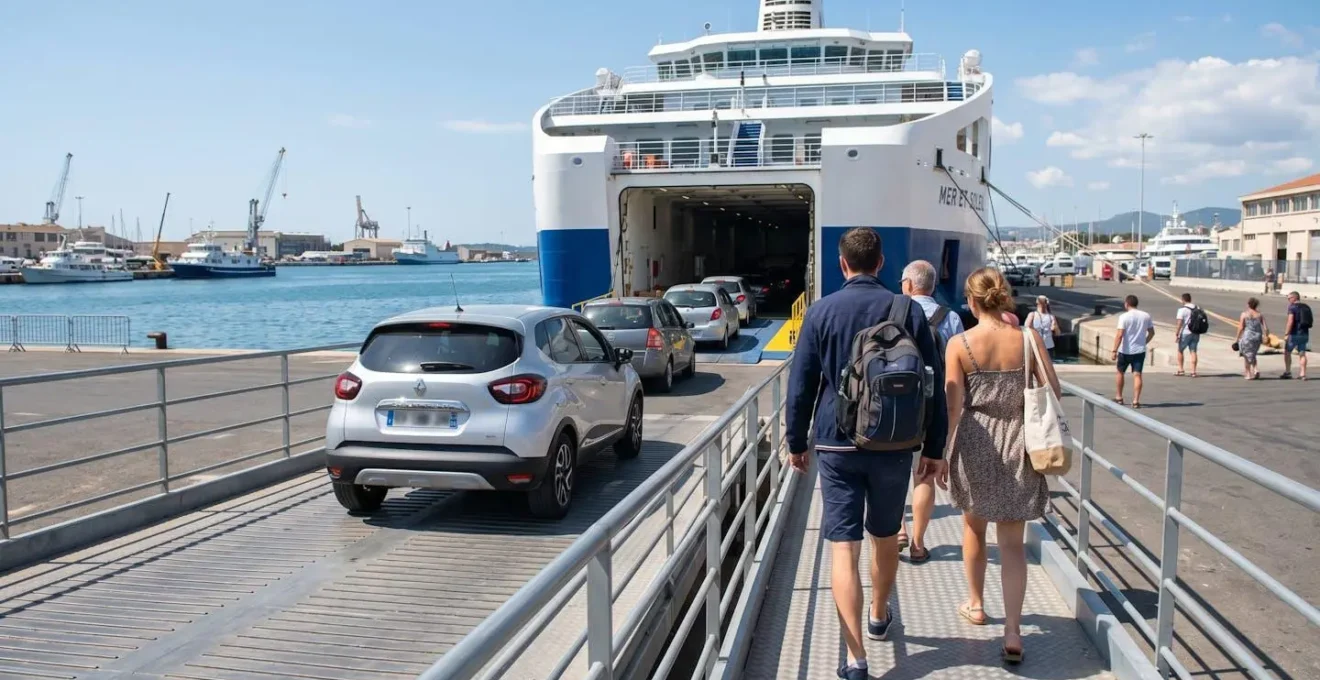 Vue de dos de passagers marchant vers la rampe d'embarquement d'un ferry moderne avec des voitures garées en file d'attente