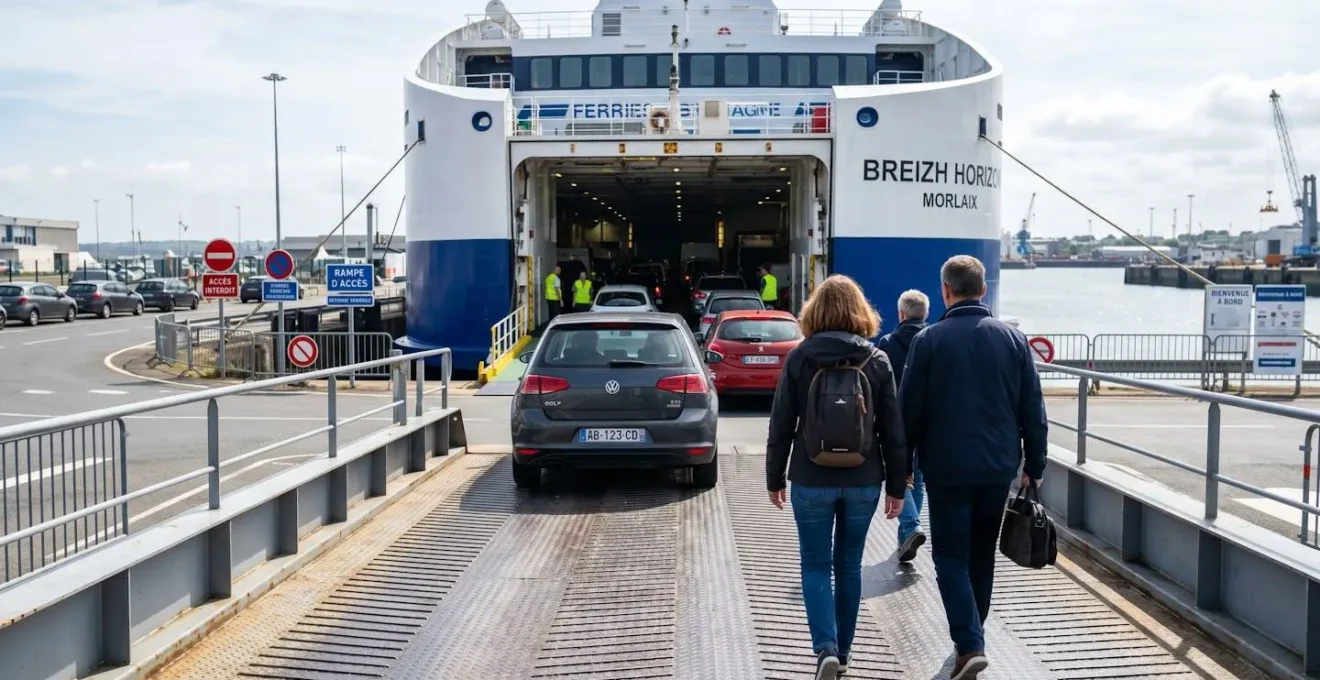 Vue de dos de passagers marchant vers la rampe d'embarquement d'un ferry moderne avec des voitures garées en file d'attente