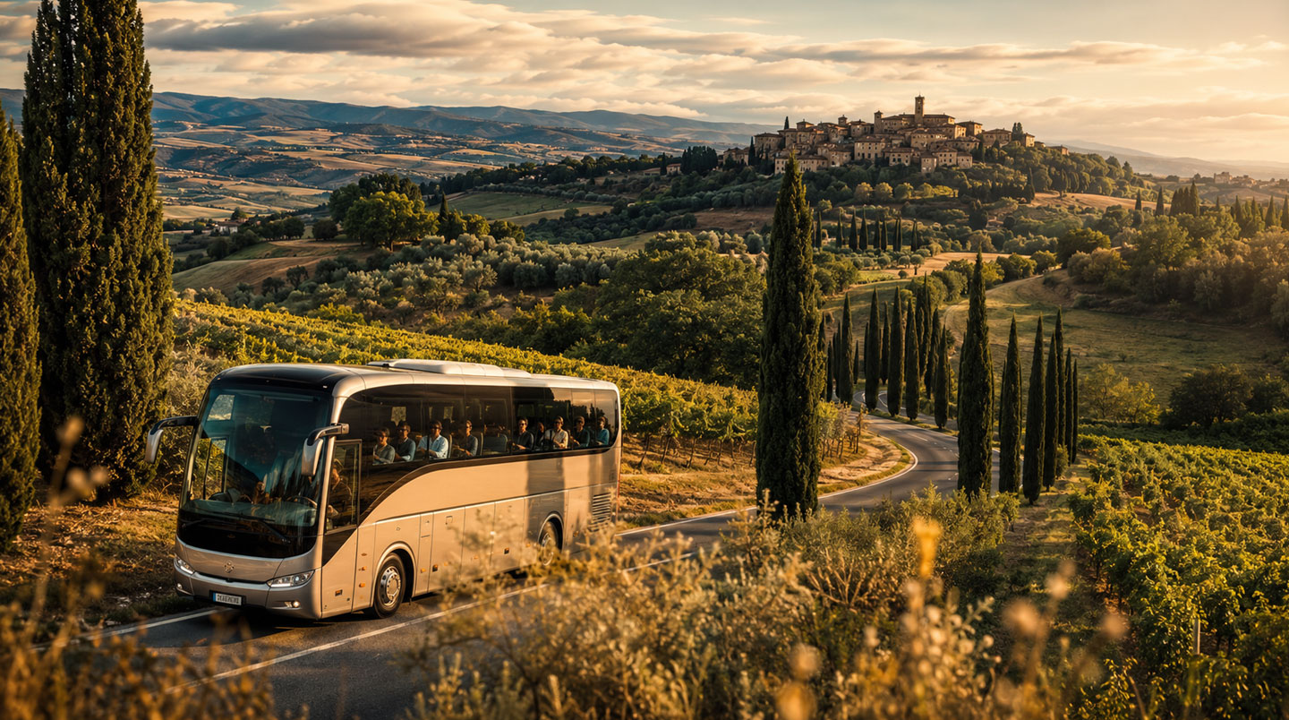 Bus touristique panoramique moderne circulant sur une route de campagne toscane avec vignobles et cyprès en arrière-plan