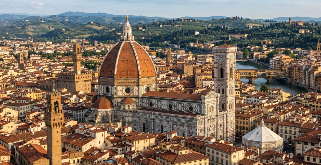Vue panoramique de Florence depuis Piazzale Michelangelo montrant la coupole du Duomo, le campanile de Giotto et les toits de tuiles terracotta du centre historique